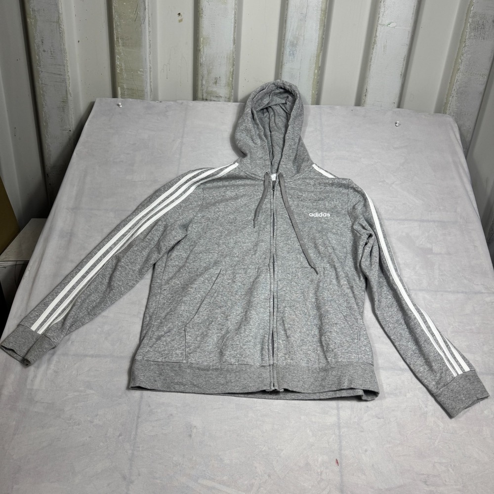 Adidas Essentials Womens Full-Zip Hoodie Gray Fleece 3-Stripes Long Sleeve 2XL